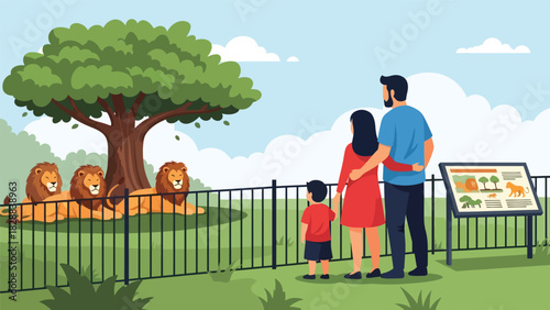 Family observing lions safely from the viewing area inside the zoo. Ideal for wildlife education, outdoor family activities, and leisure travel themes
