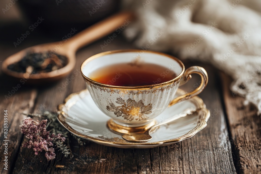 Fototapeta premium Classic Porcelain Tea Cup on Rustic Table – Warm Herbal Tea Aesthetic