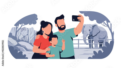 Family taking photos near the elephant enclosure during a zoo visit. Perfect for travel memories, wildlife tourism, and joyful outdoor family moments