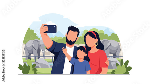 Family taking photos near the elephant enclosure during a zoo visit. Perfect for travel memories, wildlife tourism, and joyful outdoor family moments