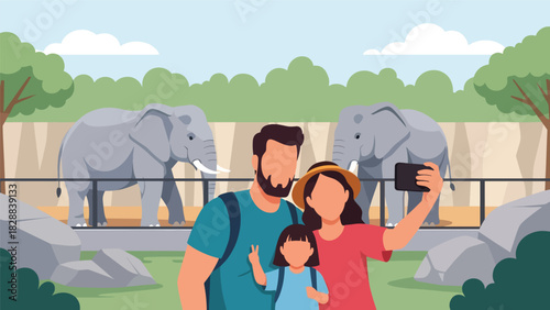 Family taking photos near the elephant enclosure during a zoo visit. Perfect for travel memories, wildlife tourism, and joyful outdoor family moments