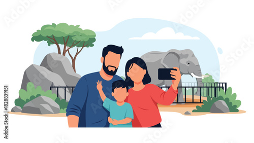 Family taking photos near the elephant enclosure during a zoo visit. Perfect for travel memories, wildlife tourism, and joyful outdoor family moments