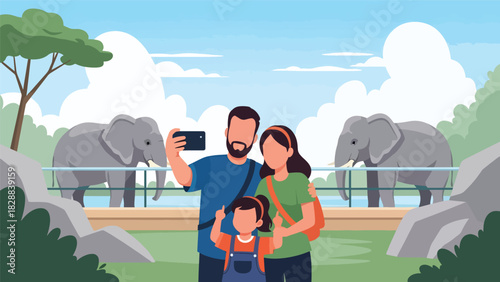 Family taking photos near the elephant enclosure during a zoo visit. Perfect for travel memories, wildlife tourism, and joyful outdoor family moments