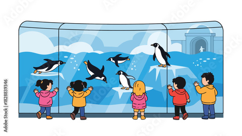 Children observing penguins swimming inside a glass exhibit at the zoo. Ideal for wildlife education, aquatics, and zoo tourism themes