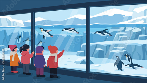 Children observing penguins swimming inside a glass exhibit at the zoo. Ideal for wildlife education, aquatics, and zoo tourism themes
