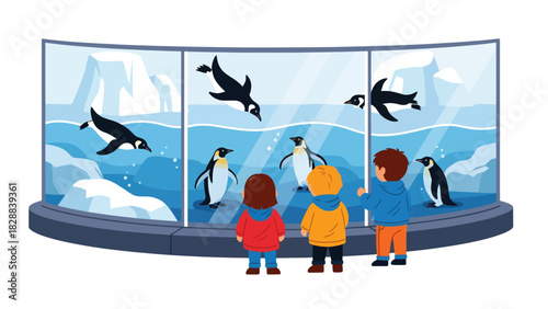 Children observing penguins swimming inside a glass exhibit at the zoo. Ideal for wildlife education, aquatics, and zoo tourism themes