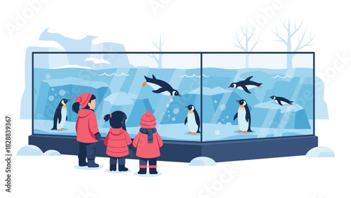 Children observing penguins swimming inside a glass exhibit at the zoo. Ideal for wildlife education, aquatics, and zoo tourism themes