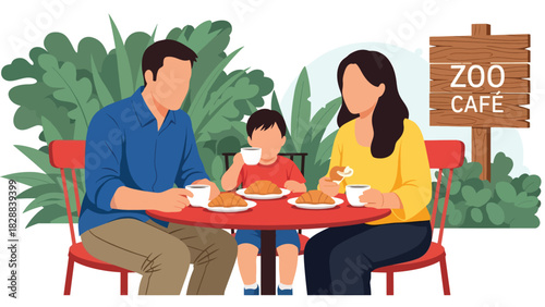 Family taking a break and enjoying snacks at a zoo café during their trip. Perfect for travel lifestyle, leisure time, and family-friendly tourism themes