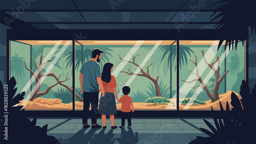 Family viewing reptiles behind the glass at a zoo reptile exhibit. Ideal for learning themes, wildlife education, and curiosity-driven family experiences