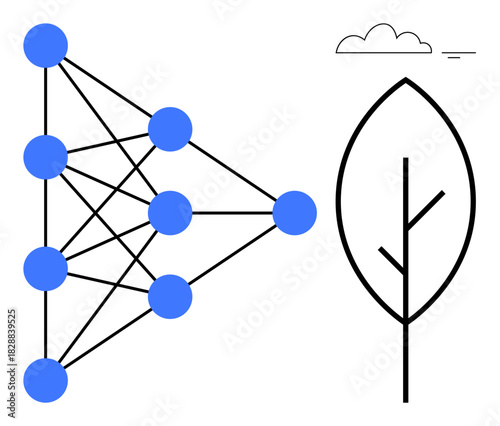 Artificial intelligence concept. Neural network structure paired with a tree leaf AI application in sustainability and eco-friendly solutions. AI, nature integration, green tech, education, research
