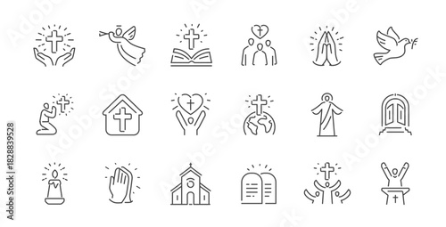 Religion and biblical outline icons set. Prayer, faith, spiritual symbols. Worship concept