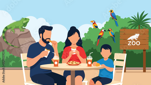 Family taking a break and enjoying snacks at a zoo café during their trip. Perfect for travel lifestyle, leisure time, and family-friendly tourism themes