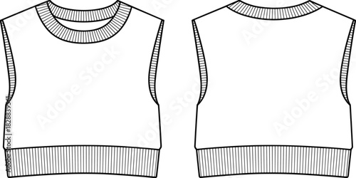 Sleeveless ribbed knit sweater vest vector flat sketch front and back fashion technical illustration editable EPS pattern template line art