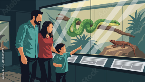 Family viewing reptiles behind the glass at a zoo reptile exhibit. Ideal for learning themes, wildlife education, and curiosity-driven family experiences