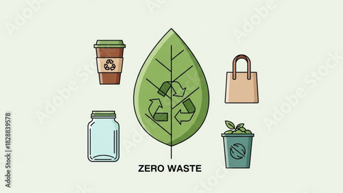 Collection of zero waste lifestyle icons including a leaf with recycle symbol, coffee cup, glass jar, shopping bag, and plant pot on light background
