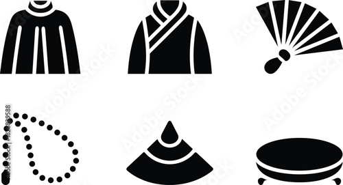 Asian Culture Elements Symbolic Black Vector Illustration Various Cultural Objects