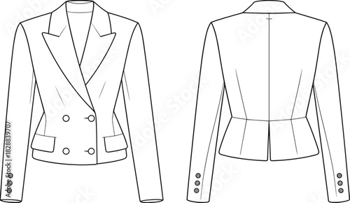 Vector technical flat of double-breasted tailored women's blazer with notched lapel, flap pockets, long sleeves, fitted waist and peplum back