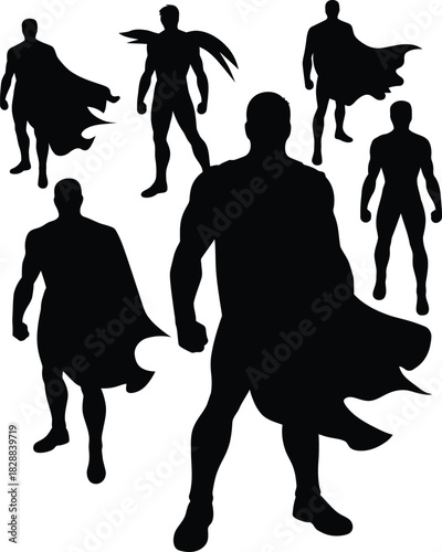 Superhero silhouette collection in various poses against a white background