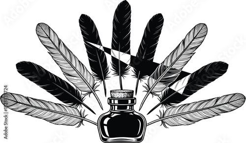 Black and White Illustration of Inkwell and Elegant Quills Fanning Out, Representing Literature, Poetry, and Traditional Calligraphy.
