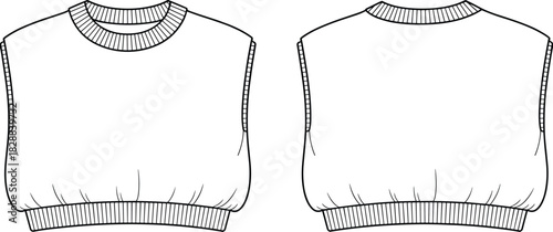 Vector technical flat of sleeveless cropped sweater with ribbed crewneck and hem front and back fashion template apparel design illustration