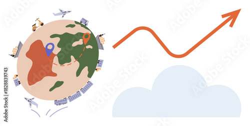 Globe surrounded by cargo planes, ships, and trucks, paired with an upward arrow over a cloud. Ideal for logistics, economy, growth, globalization trade market trends innovation. Simple flat