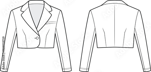 Vector technical flat of cropped tailored blazer jacket with long sleeves, notched lapel, single button closure front and back views illustration