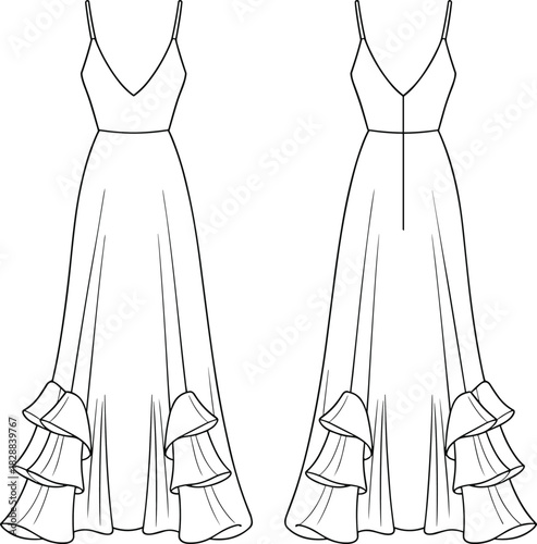 Elegant ruffled hem evening gown vector fashion sketch with spaghetti straps V neck bodice and full flared skirt dress template