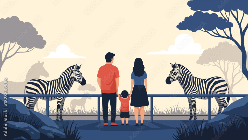 Fototapeta premium Family watching zebras grazing in their zoo enclosure. Ideal for wildlife tourism, animal observation, and outdoor family bonding content