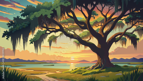 Very beautiful ancient live oak draped in soft Spanish moss, set against an open sky and distant coastal horizon, creating a serene South Carolina Lowcountry landscape with gentle light and natural 