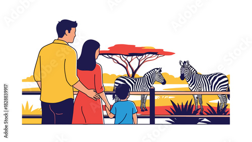 Family watching zebras grazing in their zoo enclosure. Ideal for wildlife tourism, animal observation, and outdoor family bonding content
