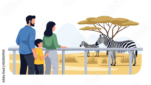 Family watching zebras grazing in their zoo enclosure. Ideal for wildlife tourism, animal observation, and outdoor family bonding content
