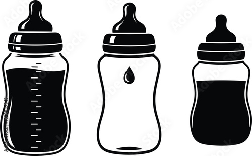 Black and White Vector Icons Set of Three Different Baby Milk Feeding Bottles with Nipple and Measurements for Newborn Care and Parenthood Designs.