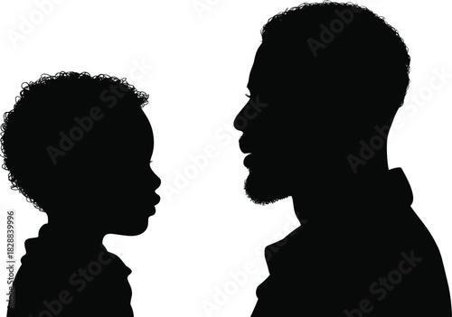 Black Silhouette of Father and Son/Daughter Profile Looking at Each Other, Representing Family, Parenthood, Connection, and Intergenerational Bond