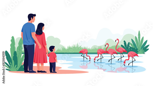 Family enjoying a peaceful moment watching flamingos beside a pond at the zoo. Ideal for nature experiences, wildlife viewing, and educational tourism