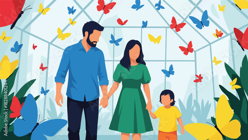 Family walking through a butterfly garden exhibit inside the zoo. Ideal for nature learning, peaceful environments, and educational family activities