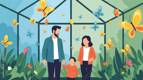 Family walking through a butterfly garden exhibit inside the zoo. Ideal for nature learning, peaceful environments, and educational family activities