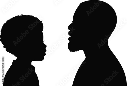 Father and Son Talking Face-to-Face Silhouette, Generational Dialogue, Family Bond, Communication, and Black Ethnicity Vector Profile