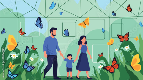 Family walking through a butterfly garden exhibit inside the zoo. Ideal for nature learning, peaceful environments, and educational family activities