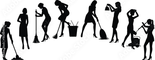 Silhouette collection of cleaning ladies and maids working with brooms, vacuum, and supplies, symbolizing housework, professional service, domestic labor, isolated, black, white