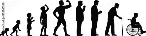 Stages of a Man's Life Cycle Silhouette, From Crawling Baby to Muscular Adult, Aging, and Senior in Wheelchair Vector Set