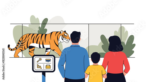 Parents and children watching a tiger behind protective barriers at the zoo. Ideal for wildlife education, zoology interest, and family tourism visuals