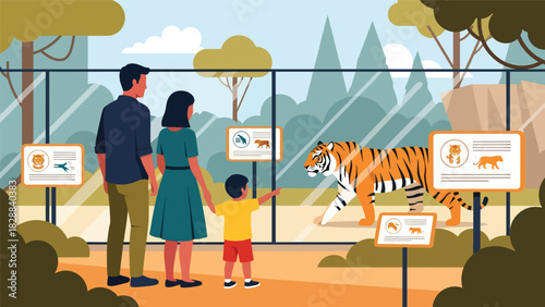 Parents and children watching a tiger behind protective barriers at the zoo. Ideal for wildlife education, zoology interest, and family tourism visuals