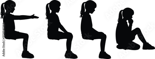 Vector Set of Sitting Little Girl Silhouettes, Child in Different Poses Arms Out Looking Down Sitting Cross-Legged, Black Isolated Graphic for Kids Activity and Education Concepts
