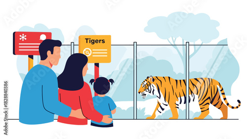 Parents and children watching a tiger behind protective barriers at the zoo. Ideal for wildlife education, zoology interest, and family tourism visuals