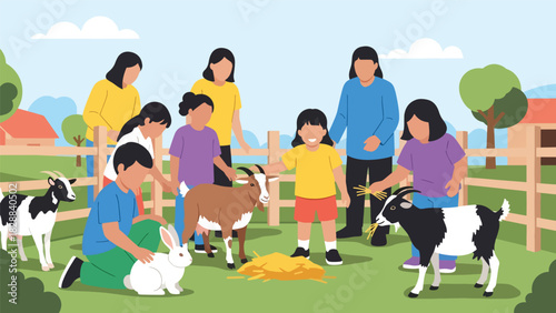Children feeding and petting animals inside the petting zoo area. Ideal for hands-on learning, interaction, and family-friendly entertainment themes