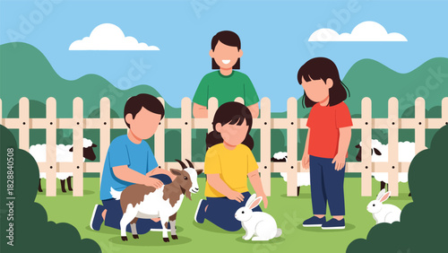 Children feeding and petting animals inside the petting zoo area. Ideal for hands-on learning, interaction, and family-friendly entertainment themes