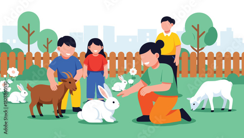 Children feeding and petting animals inside the petting zoo area. Ideal for hands-on learning, interaction, and family-friendly entertainment themes