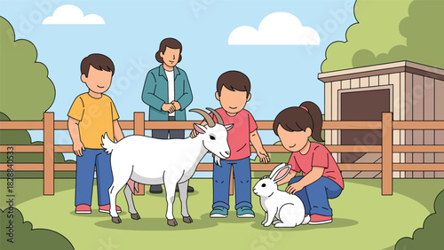 Children feeding and petting animals inside the petting zoo area. Ideal for hands-on learning, interaction, and family-friendly entertainment themes