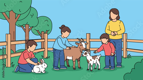 Children feeding and petting animals inside the petting zoo area. Ideal for hands-on learning, interaction, and family-friendly entertainment themes