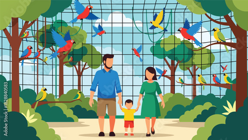 Family walking inside the bird aviary observing colorful species. Ideal for nature learning, wildlife ecology, and peaceful zoo experiences
